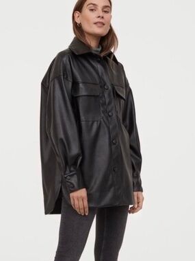 H&M Black Leather Look Oversized Button Down
